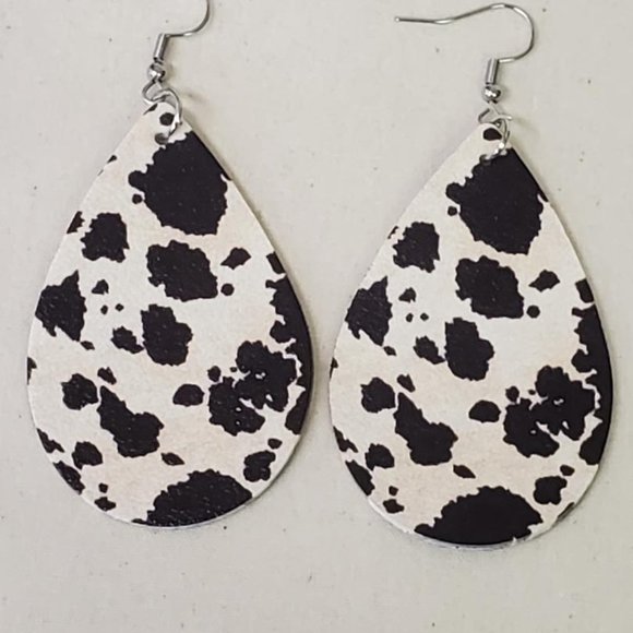 Brown Cow Print Faux Leather Dangle Drop Earrings - Picture 2 of 3